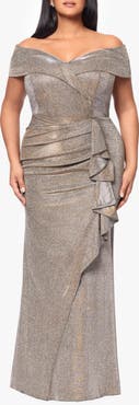 Xscape Evenings Raveena Foil Knit Off the Shoulder Ruched Gown