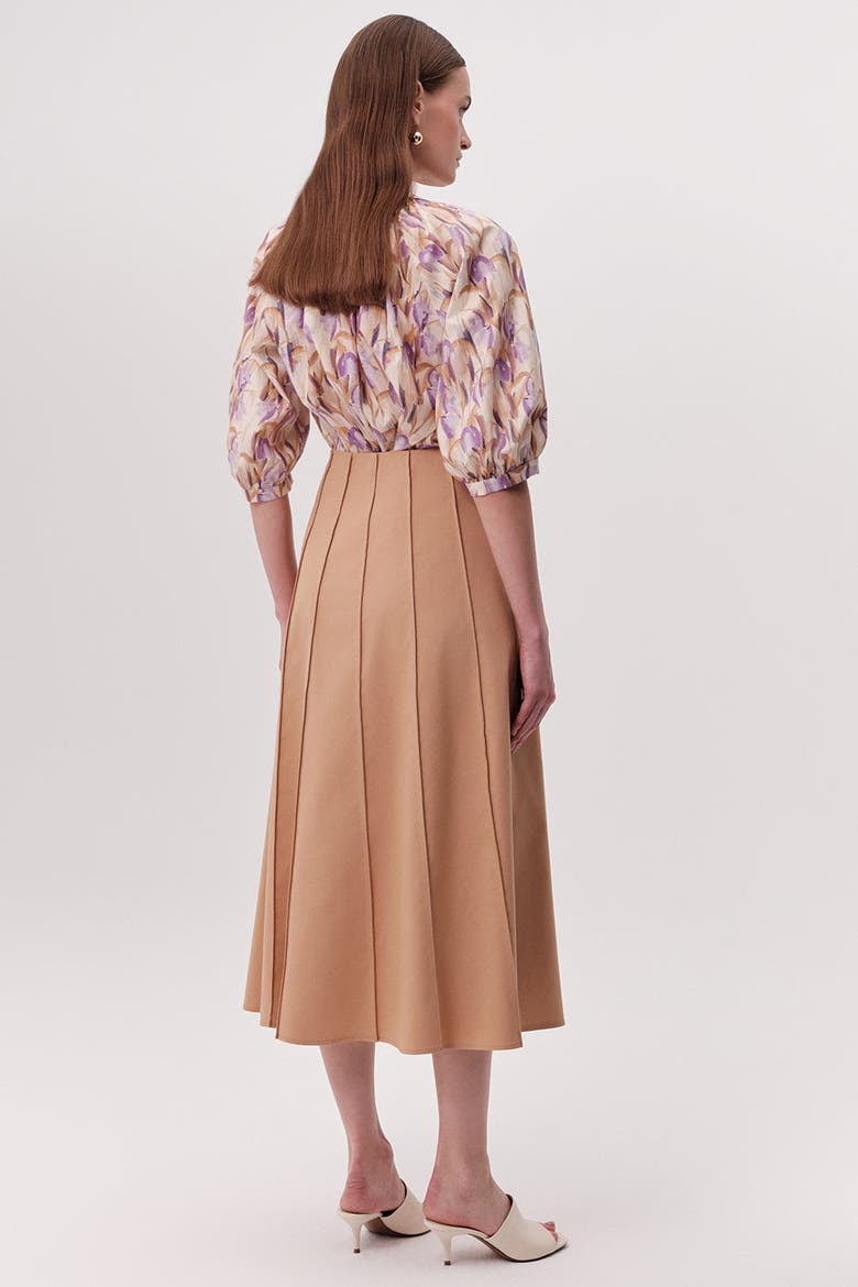 Karlie Fitted Multi Panel Flared Midi Skirtt, Alternate, color, Camel