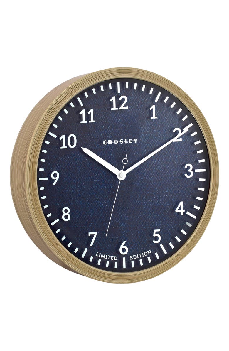 CROSLEY Oak Finish & Denim Analog Wall Clock, Alternate, color, Brown And Blue