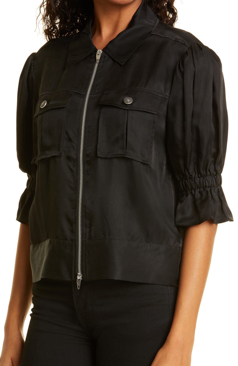 Cinq a Sept Satin Pink 1/2 Puff Ruffle Sleeve Zip Up Double Breasted Jacket