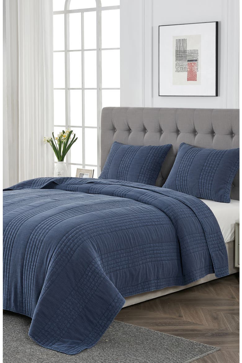 Stone Washed Cotton Quilt & Sham Set, Alternate, color, NAVY