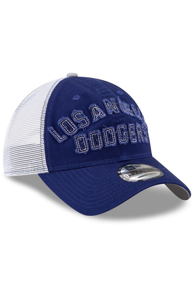 New Era Men's New Era Royal Los Angeles Dodgers Frayed Wordmark Trucker 9TWENTY Adjustable Hat, Alternate, color, 