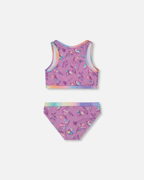Shop Deux Par Deux Girl's Printed Two-piece Swimsuit Old Mauve And Multicolored Butterflies In Mauve,multicolored Butterflies