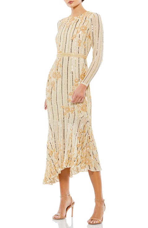 Hand Embellished Asymmetrical Long Sleeve Midi Dress