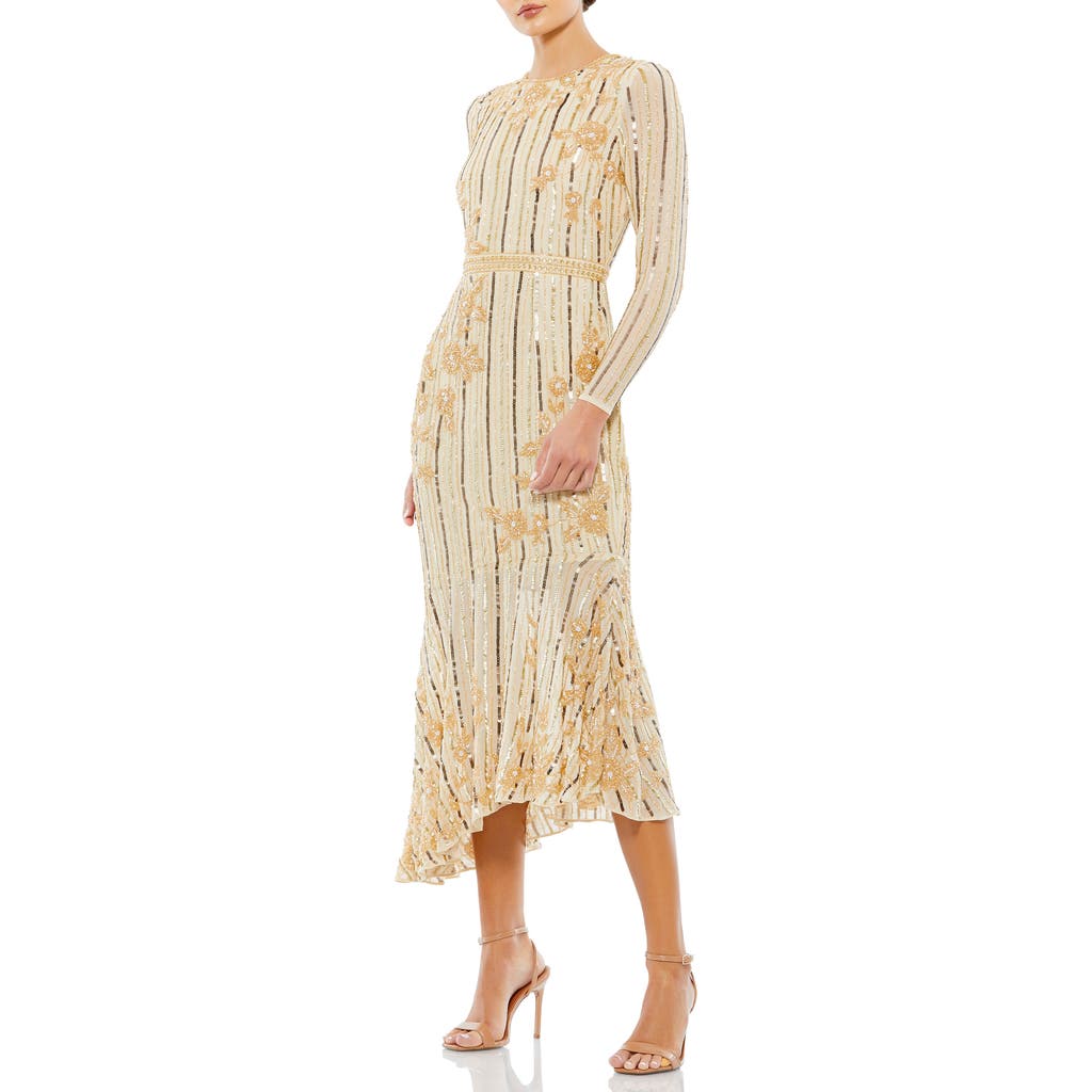 Mac Duggal Hand Embellished Asymmetrical Long Sleeve Midi Dress In Nude Gold