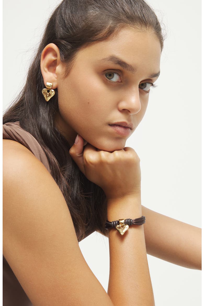 Silk-Effect Thread Blend Bracelet with Beige Leather and Heart Detail, Alternate, color, Gold