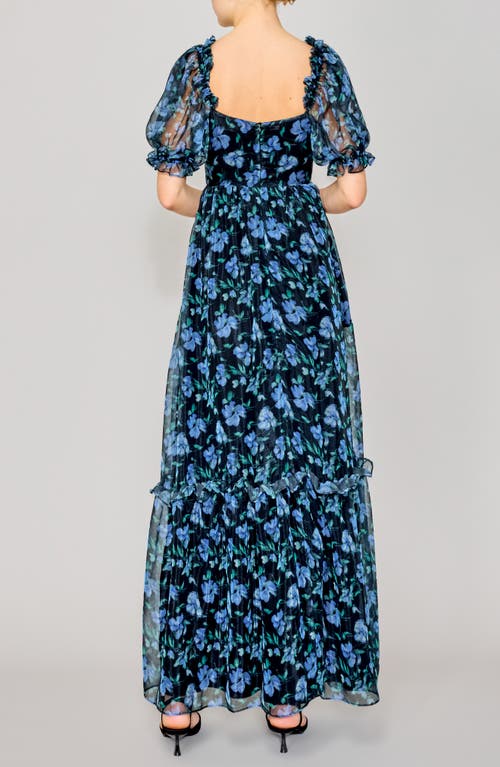 Melloday Floral Chiffon Gown In Black Blue Multi