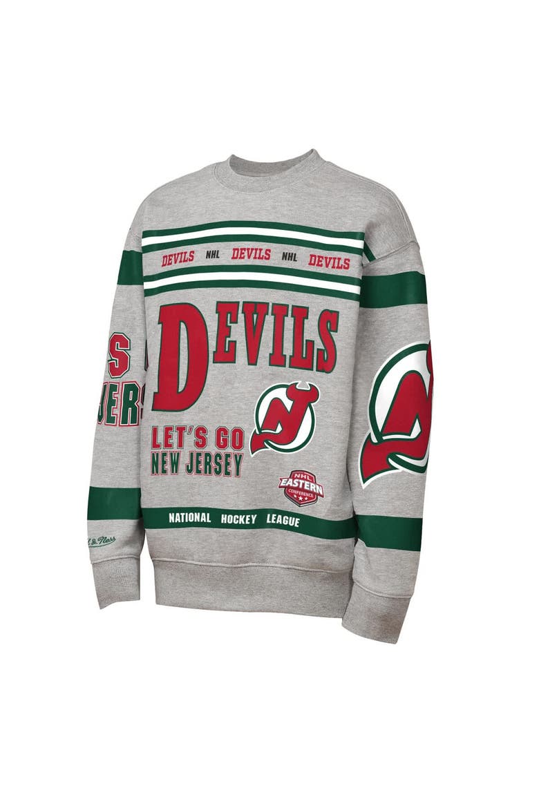 Youth Mitchell & Ness Heather Gray New Jersey Devils Allover Print Fleece Crewneck Sweatshirt, Alternate, color, Heather Gray
