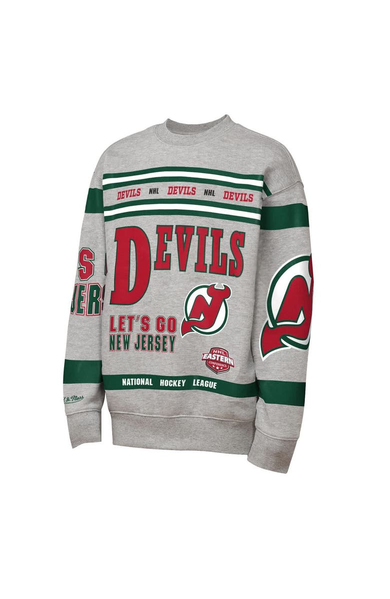 Mitchell & Ness Youth Mitchell & Ness Heather Gray New Jersey Devils Allover Print Fleece Crewneck Sweatshirt, Alternate, color, Heather Gray