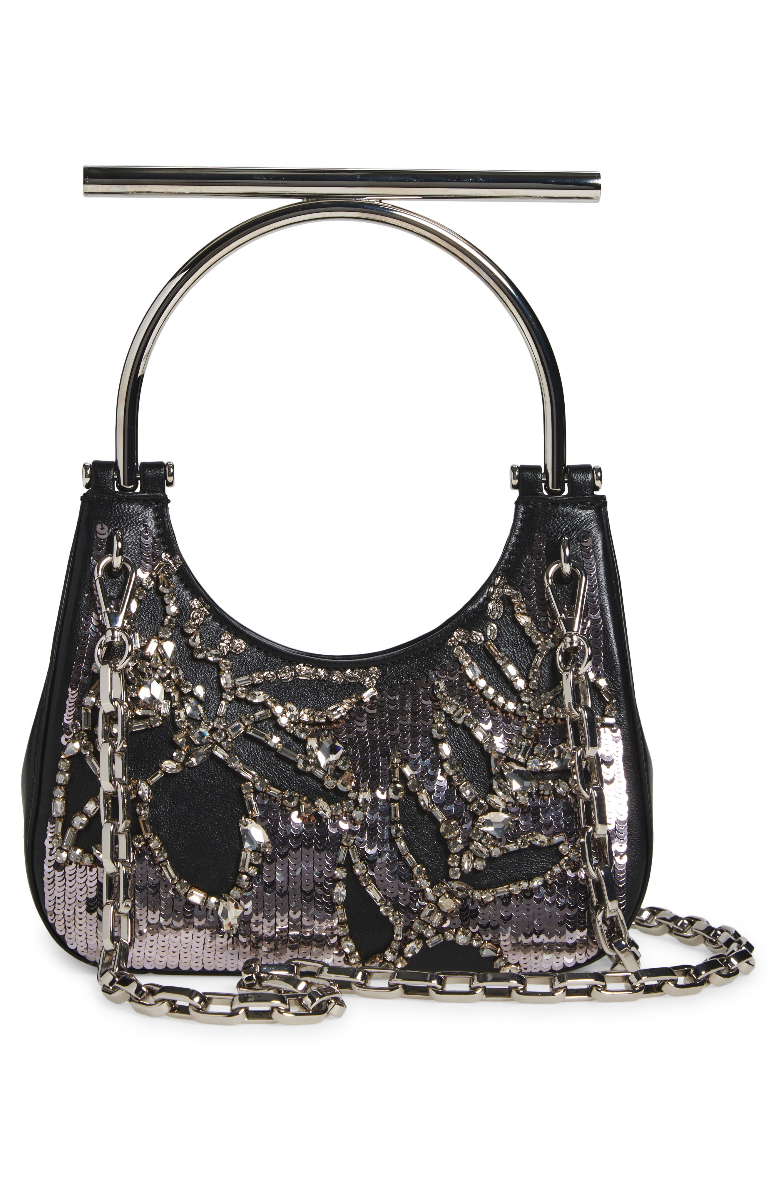 McQueen Mini T-Bar Crystal & Bead Embellished Leather Evening Bag, Alternate, color, 