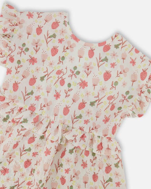Deux Par Deux Girls' Printed Seersucker Dress With Frill Flowers On Background - Little Kid In Pink Flowers On Cream
