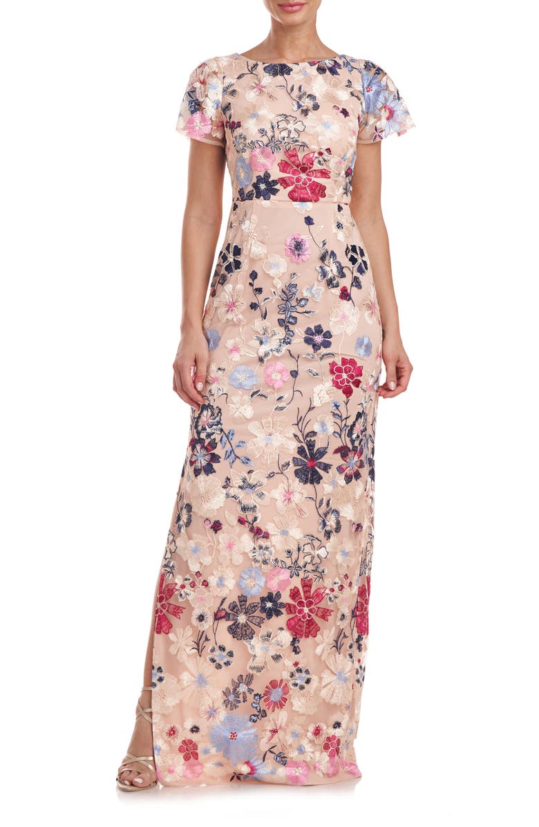 JS Collections Magnolia Floral Embroidery Gown, Main, color, Rose Gold Multi