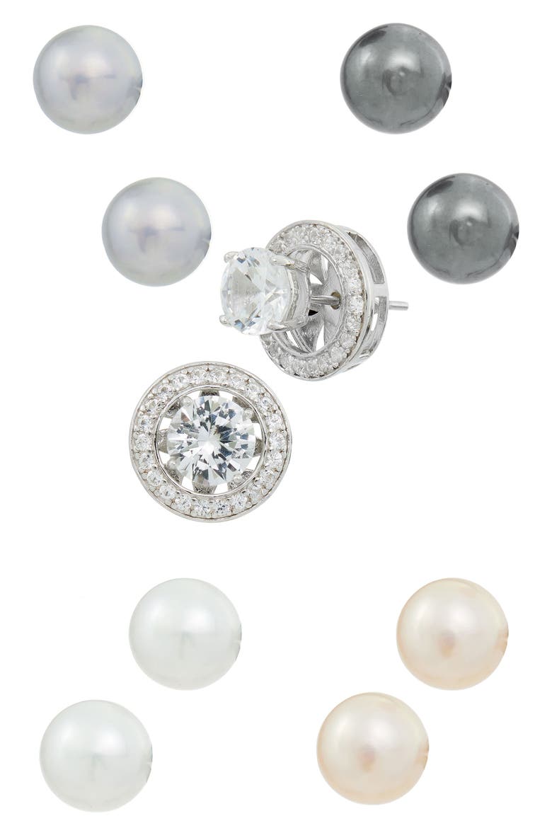 Set of Five CZ & 7-8mm Freshwater Pearl Jacket Stud Earrings, Main, color, WHITE GOLD
