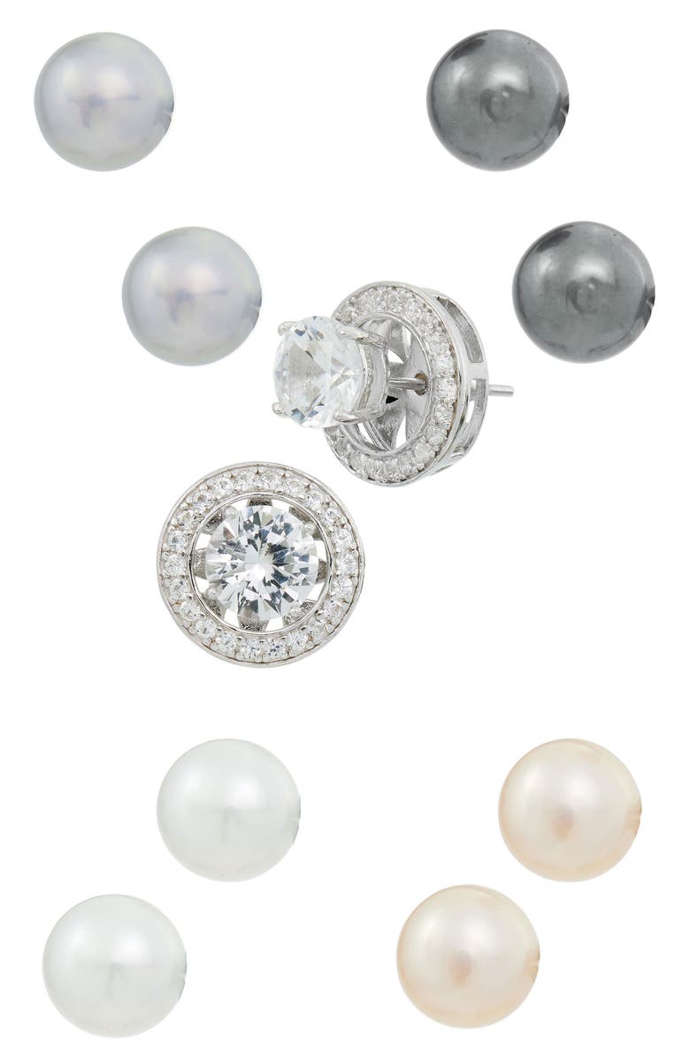 SAVVY CIE JEWELS Set of Five CZ & 7-8mm Freshwater Pearl Jacket Stud Earrings, Main, color, White Gold