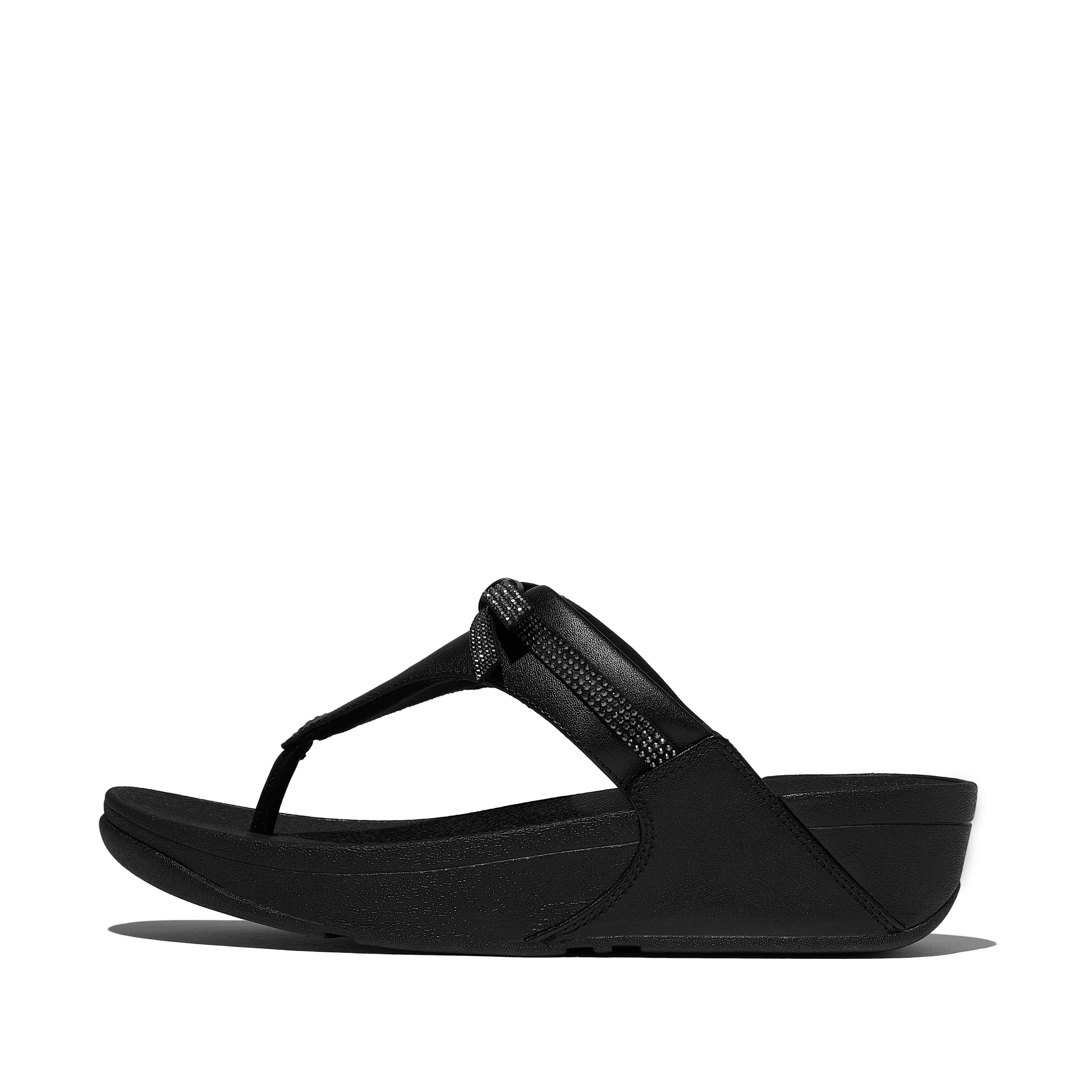 FitFlop Lulu Glitz Bow Leather Toe Post Sandals, Alternate, color, All Black