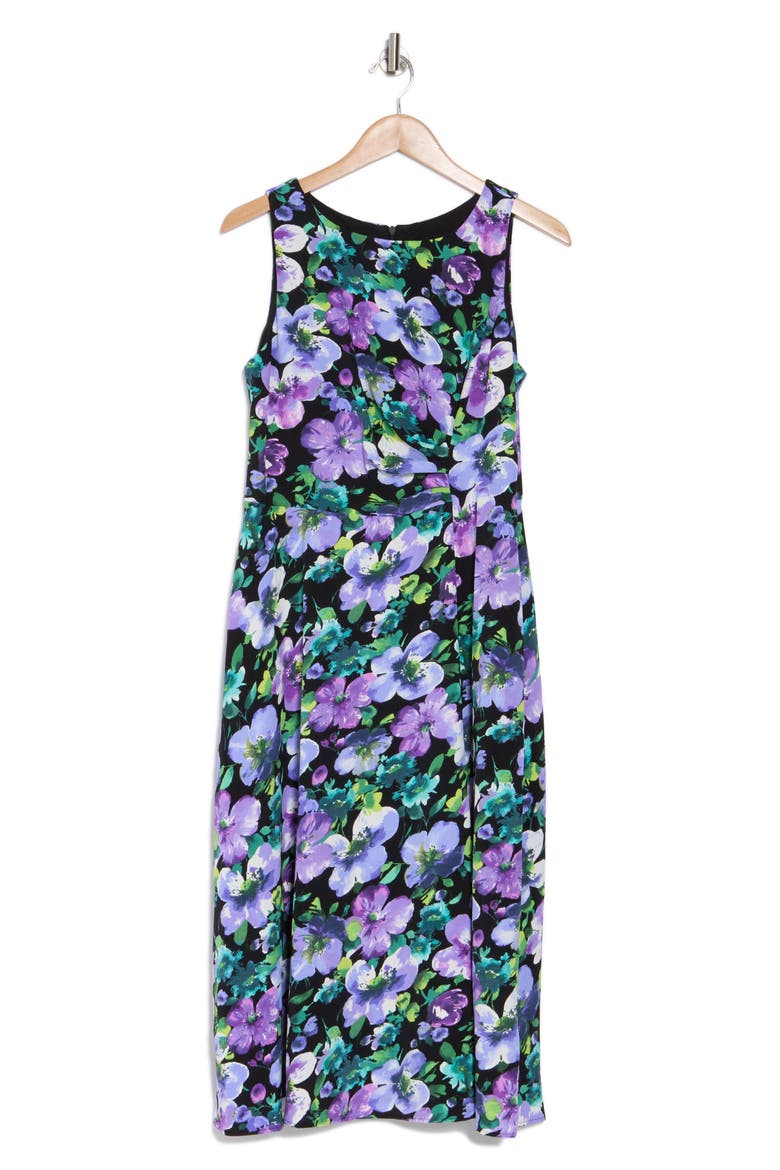 Floral Sleeveless Pleated Waist A-Line Midi Dress, Alternate, color, BLACK