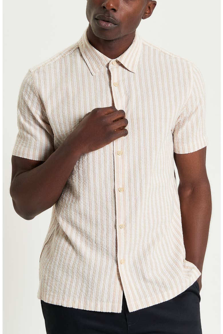 Stripe Seersucker Button-Up Shirt, Main, color, SAND