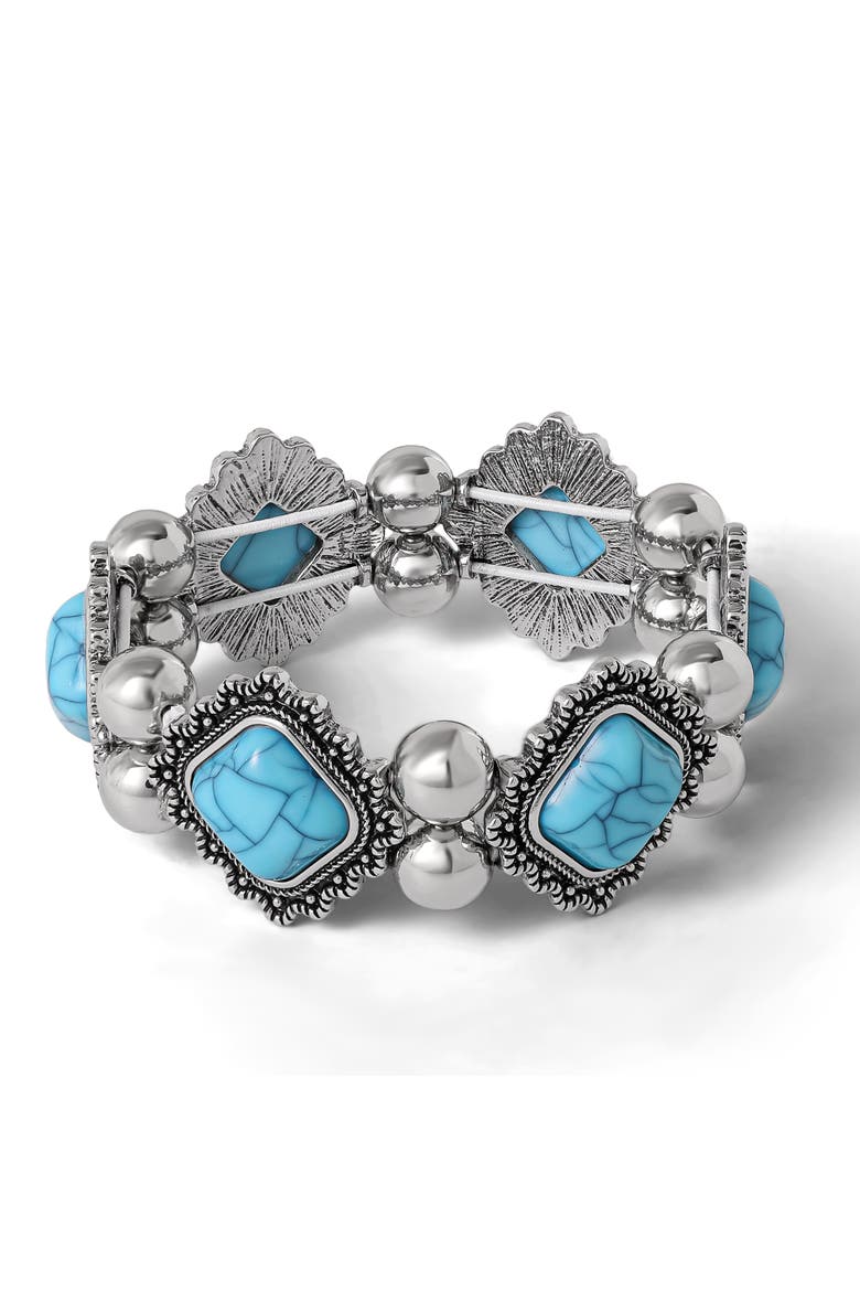 Turquoise and Silver Stretch Bracelet with Western Motif, Alternate, color, Turquoise