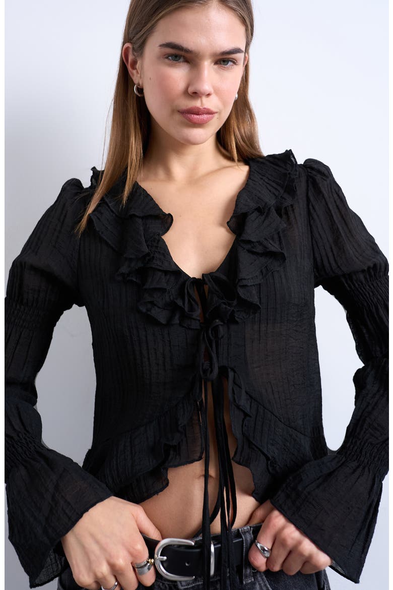 Ruffle Tie Front Long Sleeve Crop Top, Alternate, color, BLACK