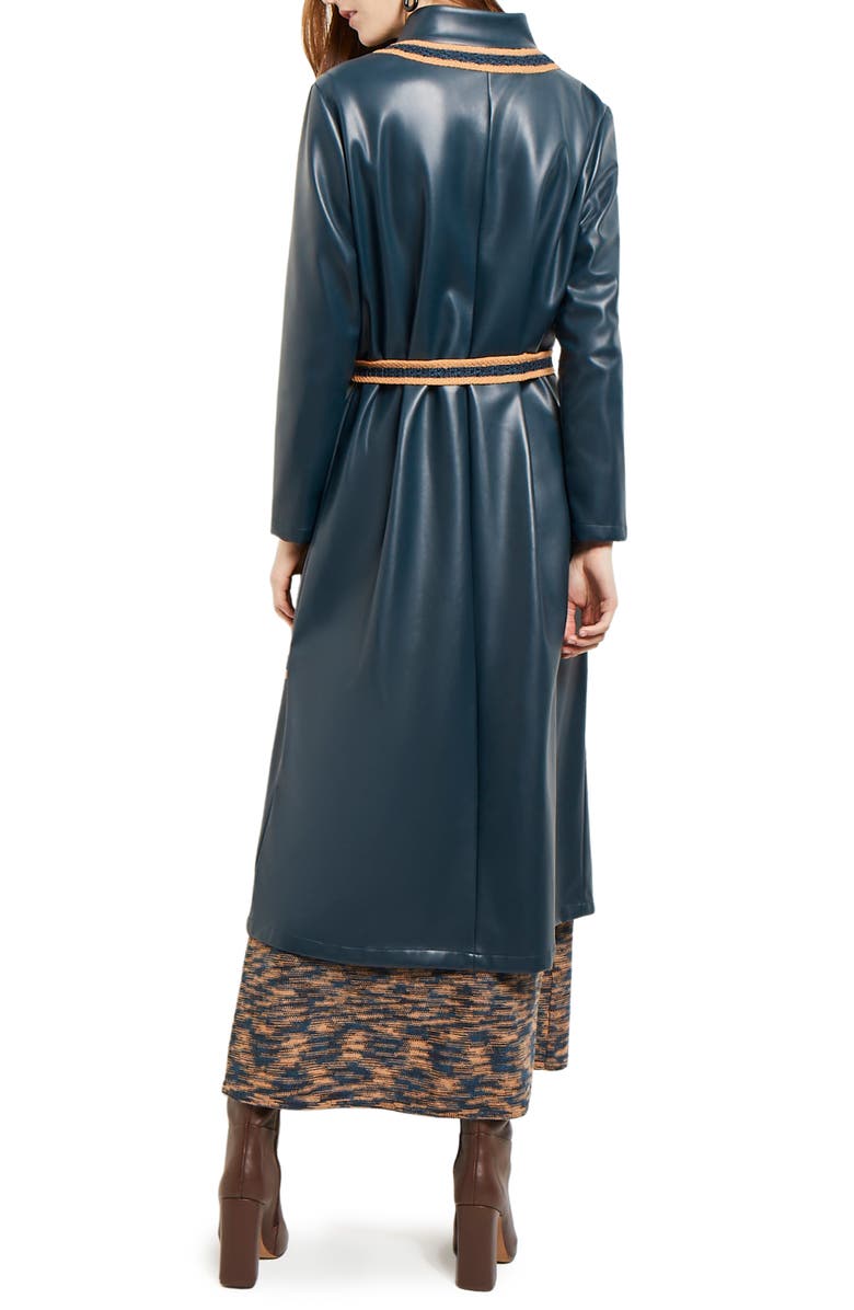 Misook Belted Knit Trim Faux Leather Longline Jacket, Alternate, color, 