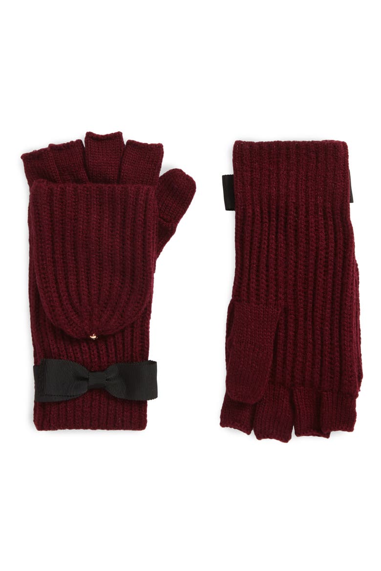 grosgrain bow convertible knit mittens, Main, color, MIDNIGHT WINE