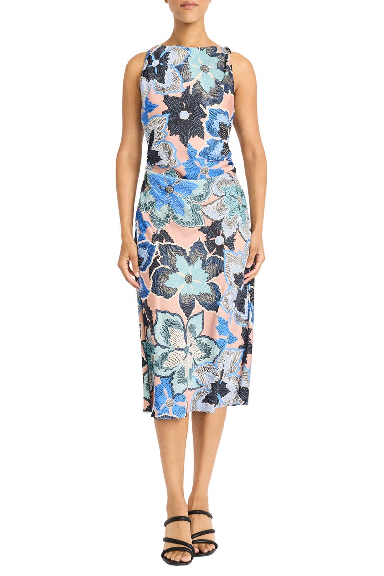 Printed Ruched Midi Dress, Main, color, TAUPE/ COBALT BLUE