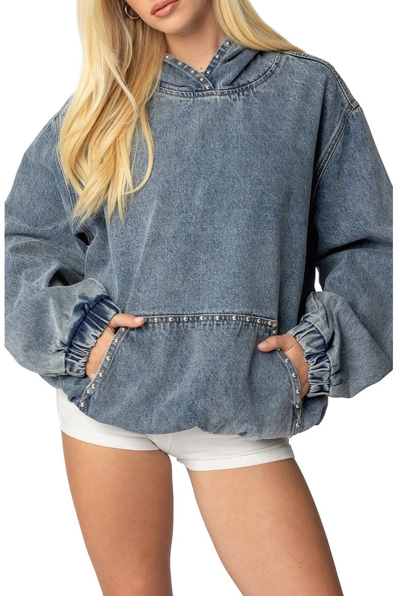 Marney Oversize Studded Denim Hoodie, Main, color, BLUE