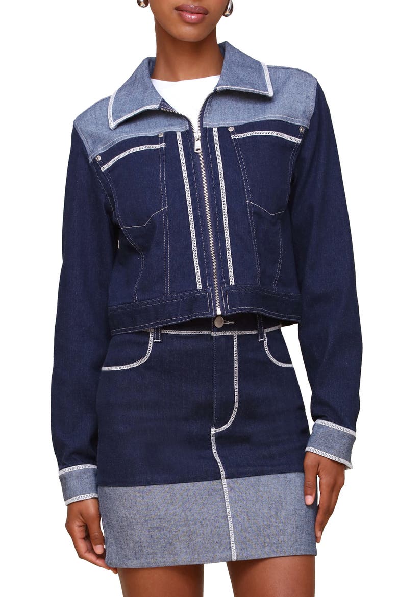 Colorblock Crop Denim Jacket, Alternate, color, DARK RINSE WASH