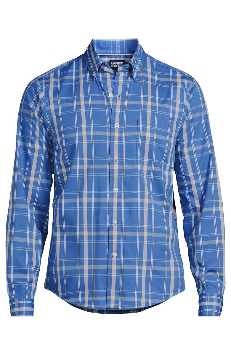 Lands' End Long Sleeve Tailored Fit Travel Kit Shirt, Main, color, Mariner Blue/Pale Almond Plaid