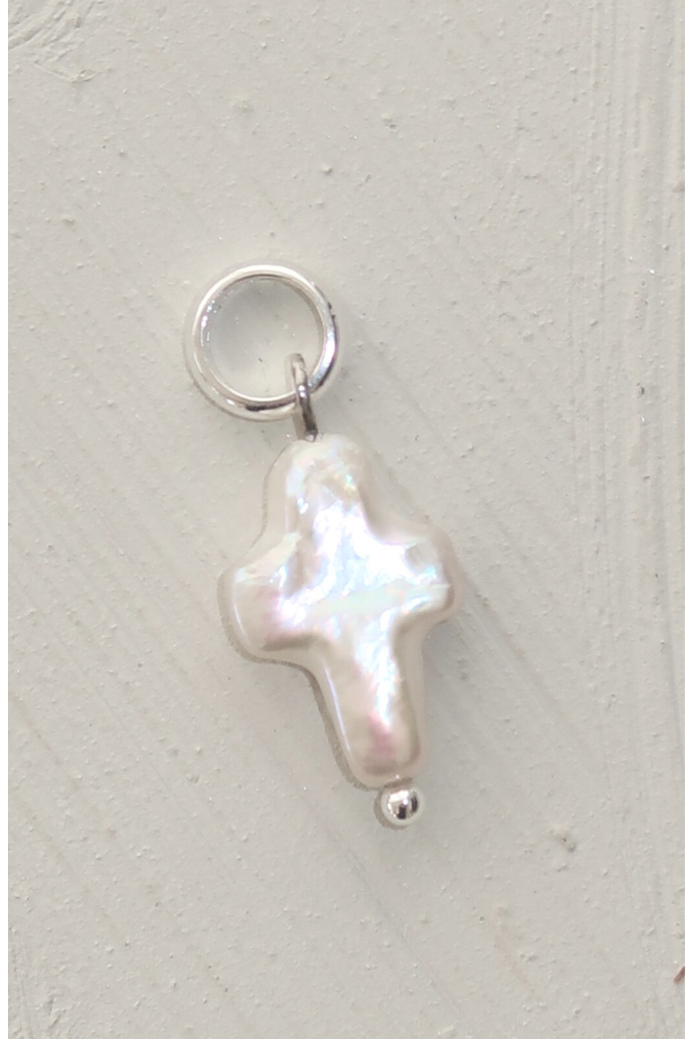 Mini Pearl Cross Charm Pendant, Alternate, color, White Silver