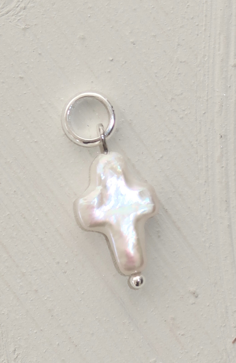 Joiana Jewelry Mini Pearl Cross Charm Pendant, Alternate, color, White Silver