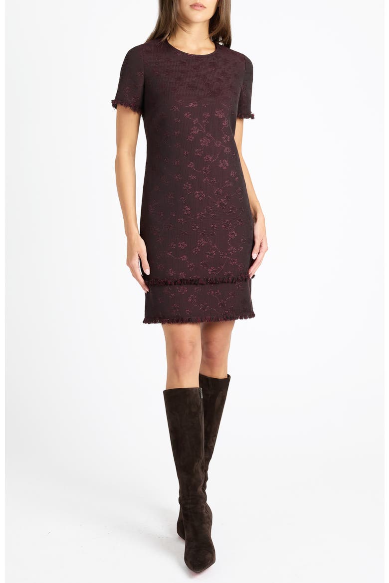 Melania Short Sleeve Shift Dress in Tonal Jacquard, Main, color, RAISIN