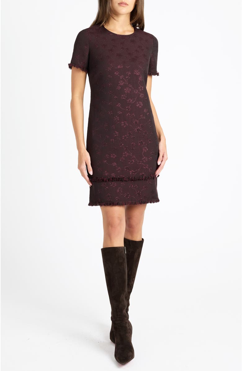 Santorelli Melania Short Sleeve Shift Dress in Tonal Jacquard, Main, color, Raisin