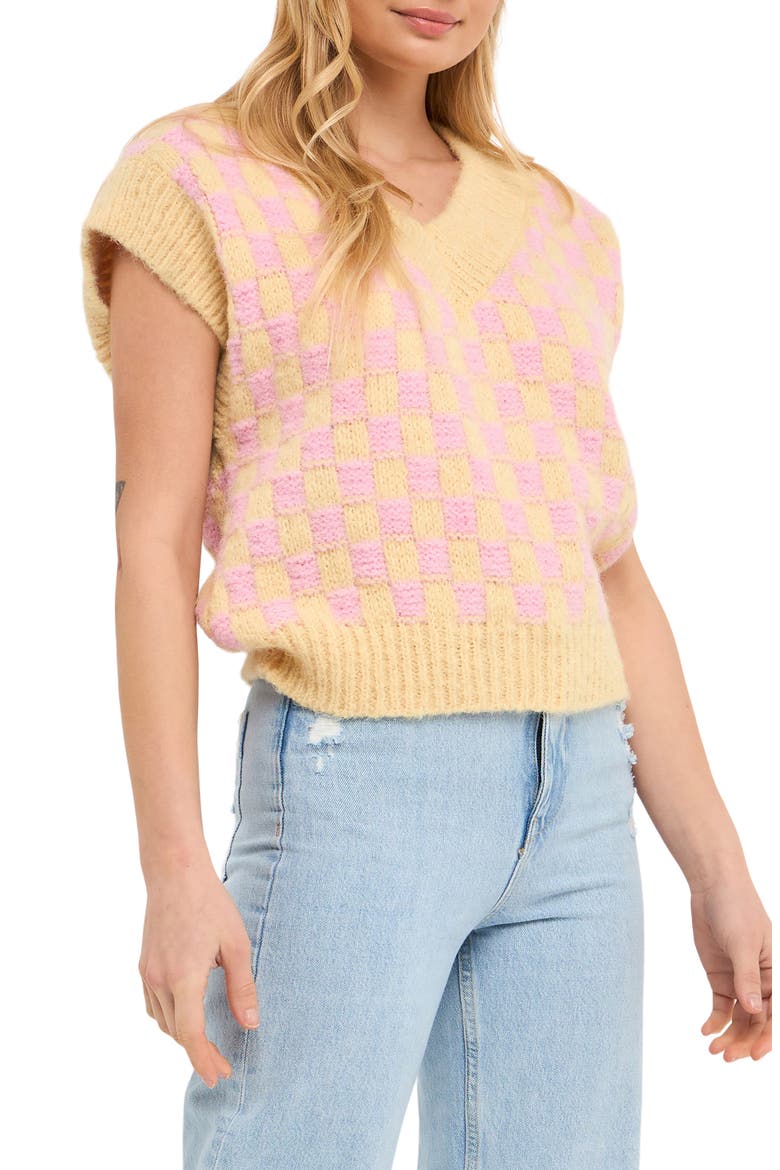 Check Sweater Vest, Alternate, color, PINK/ YELLOW