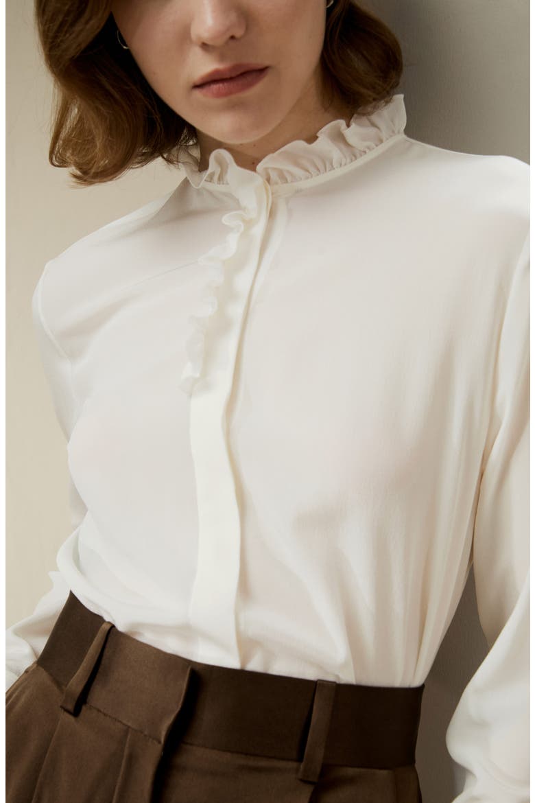 Crêpe de Chine Silk Blouse with Ruffle Edge, Alternate, color, Natural white