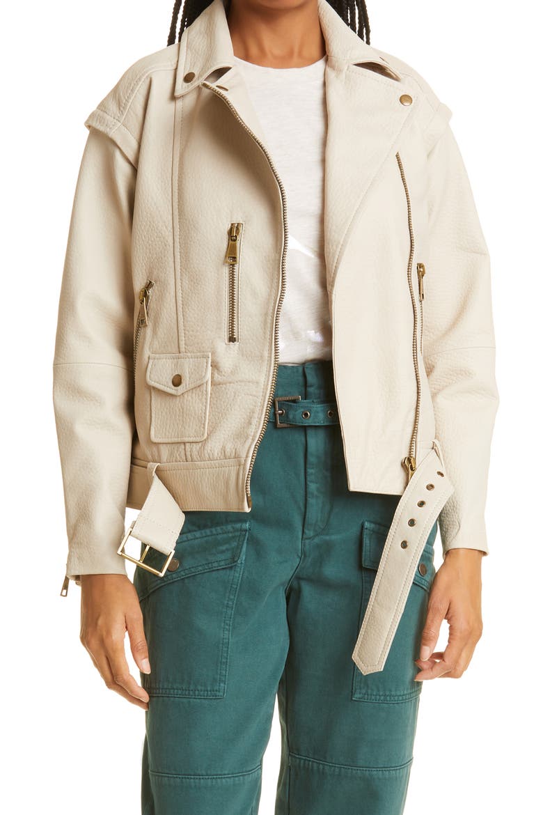 Valerii Oversize Leather Moto Jacket, Main, color, IVORY