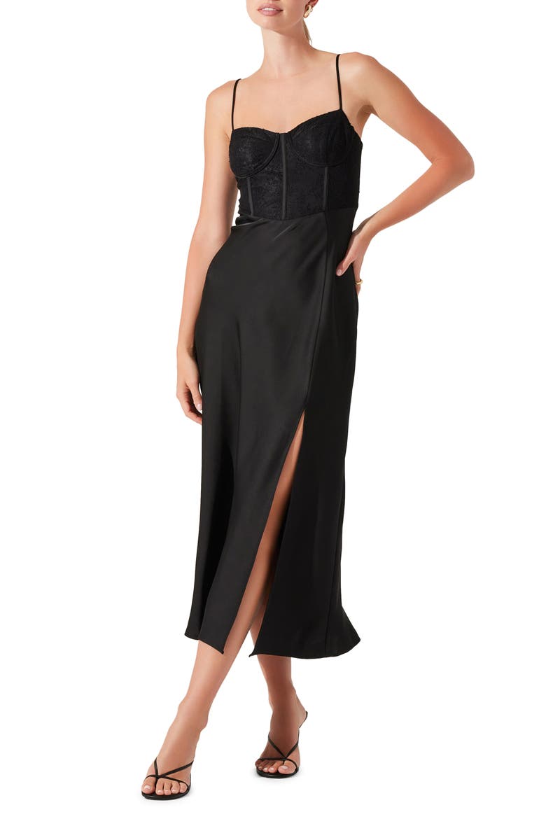 Lace Bustier Sleeveless Midi Dress, Main, color, BLACK