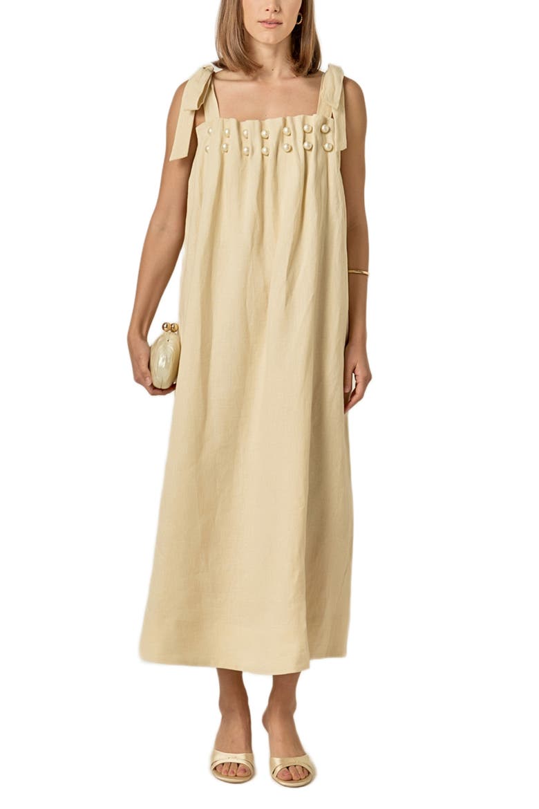 Faux Pearl Linen Midi Sundress, Main, color, NATURAL