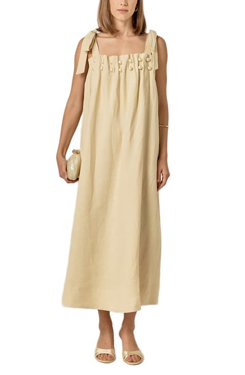Faux Pearl Linen Midi Sundress