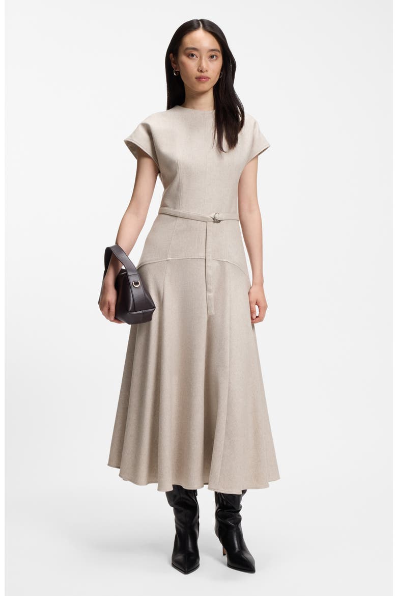 Dopala Fit and Flare Belted Wool Blend Midi Dress, Alternate, color, BISQUE MELANGE