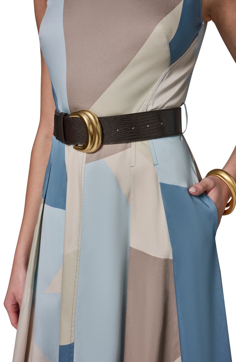 Donna Karan New York Abstract Pleated Sleeveless Belted Stretch Cotton Midi Dress, Alternate, color, Washed Indigo/ Sea Mist Multi