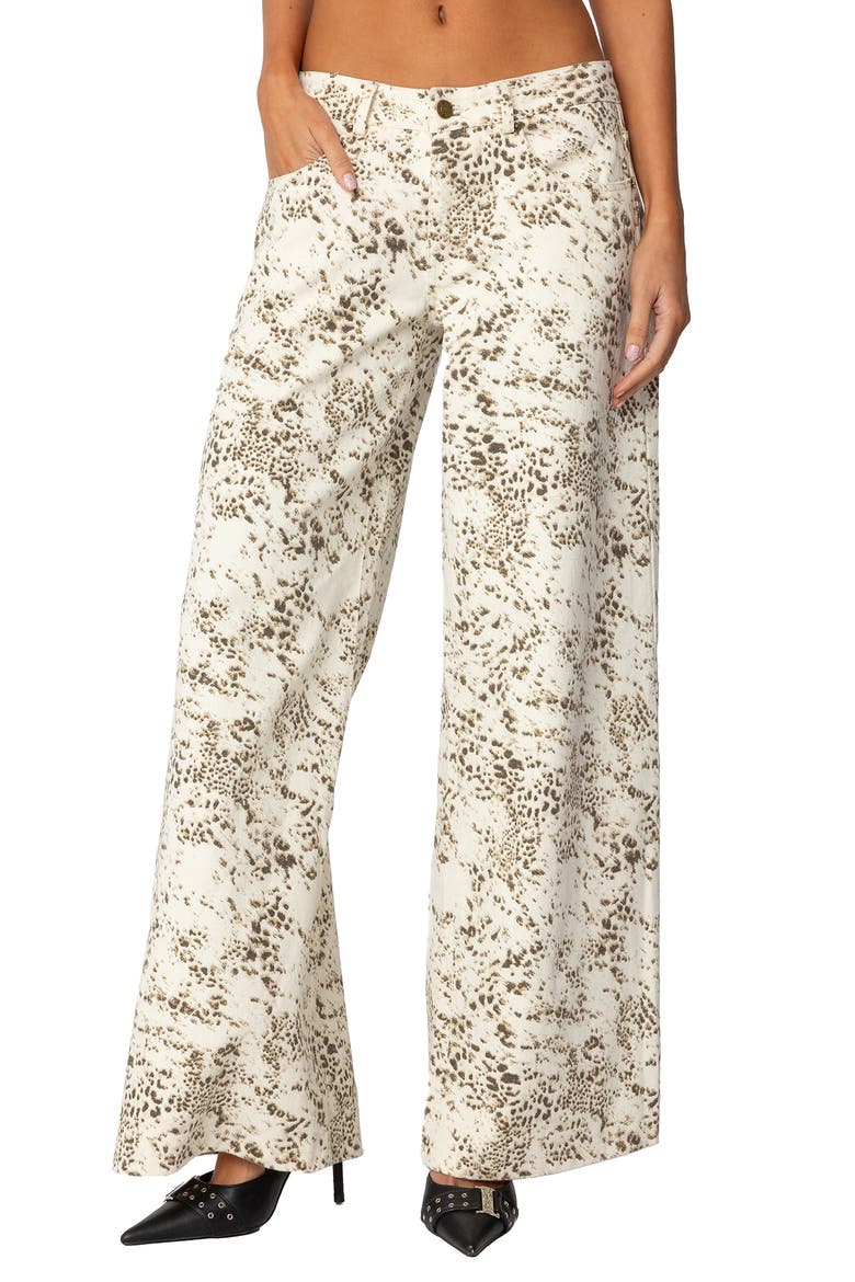 Snow Leopard Print Low Rise Wide Leg Jeans, Main, color, CREAM