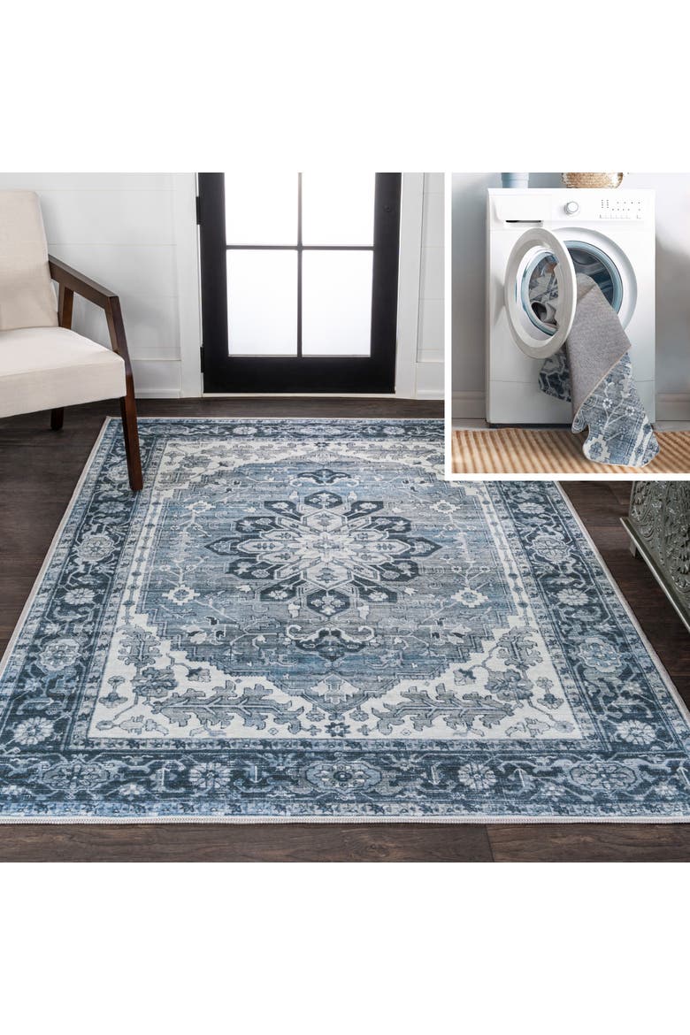 Asa Ornate Medallion Machine-Washable Area Rug, Main, color, Blue/Cream