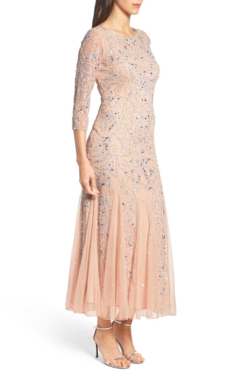 Pisarro Nights Illusion Sleeve Beaded A-Line Gown, Alternate, color, Blush
