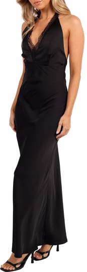 Kalina Lace Trim Halter Satin Maxi Dress