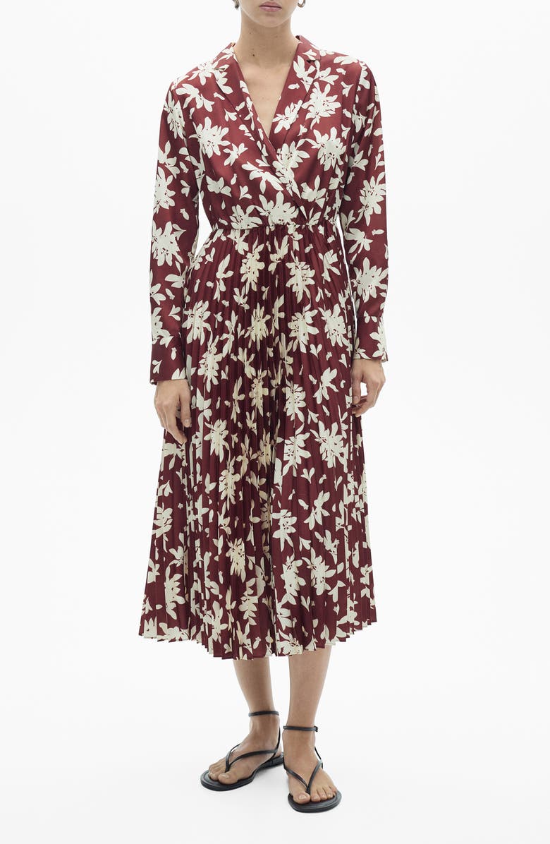 MANGO Floral Print Pleated Long Sleeve Midi Dress, Main, color,
