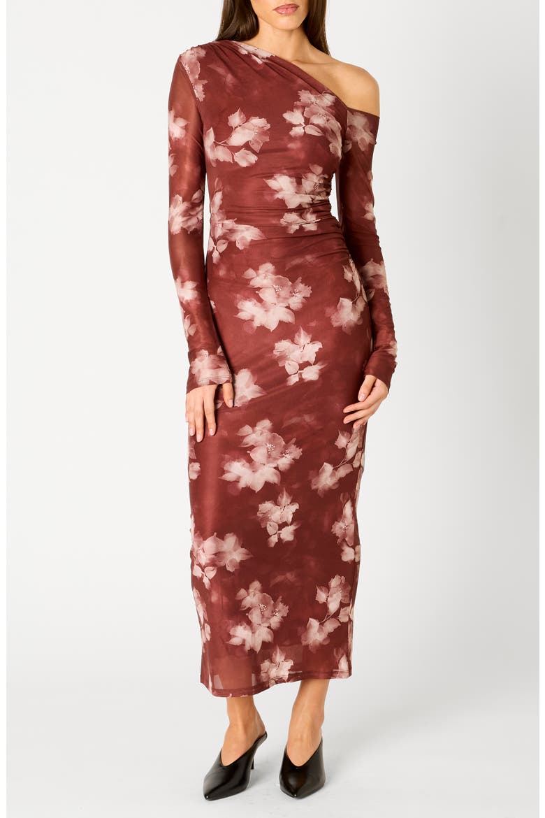Lyra Floral One-Shoulder Long Sleeve Dress, Main, color, MERLOT