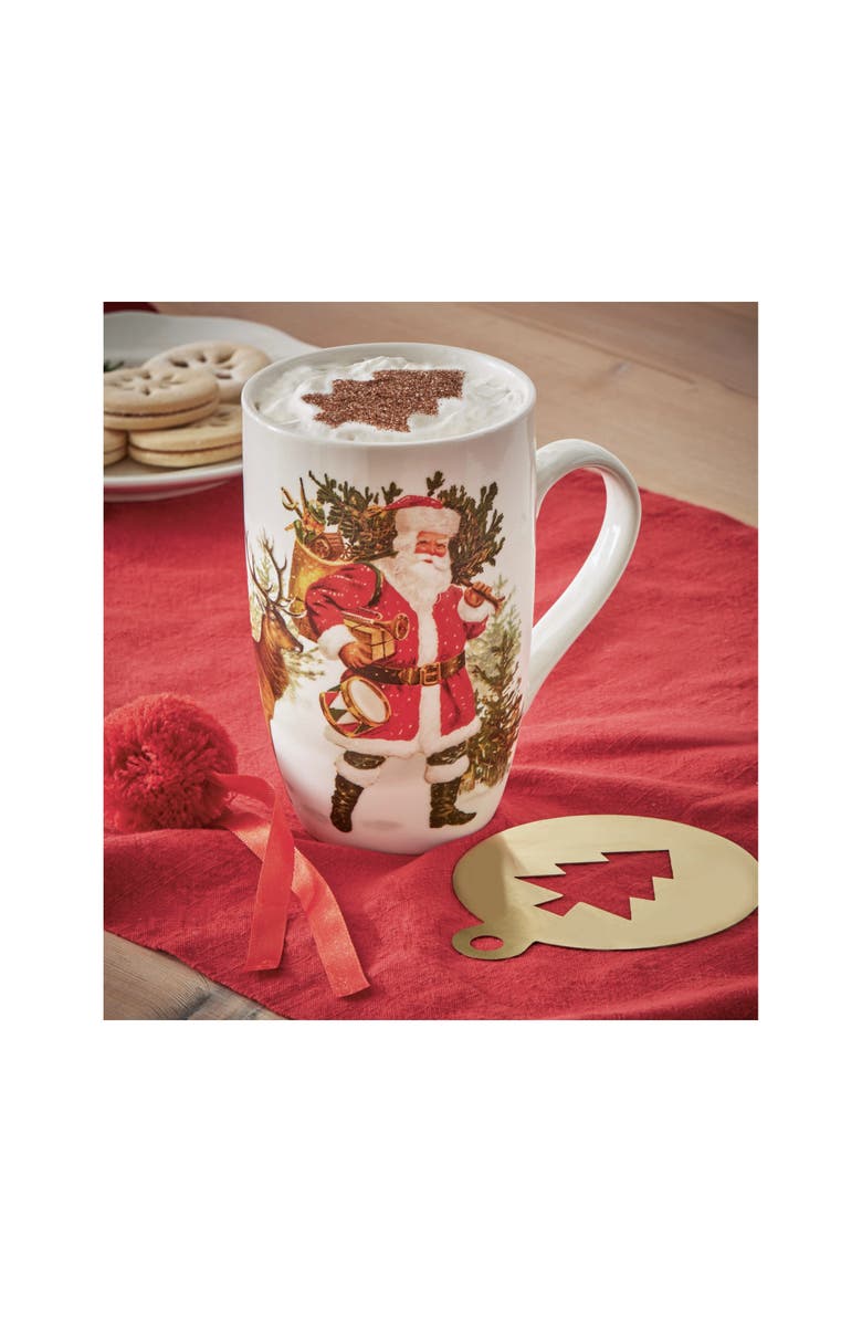 tag Vintage Santa Deer Mug Stencil Set Bone China Drinkware, Alternate, color, White