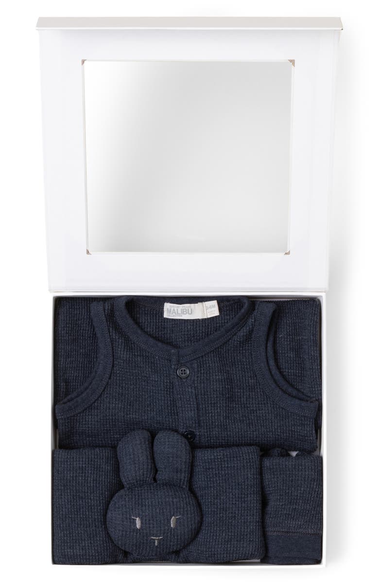 Barefoot Dreams<sup>®</sup> Waffle Knit Romper, Cap & Bunny Set, Alternate, color, Indigo