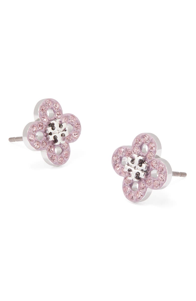 Tory Burch Forget Me Not Stud Crystal Earrings, Alternate, color, Tory Silver / Pink